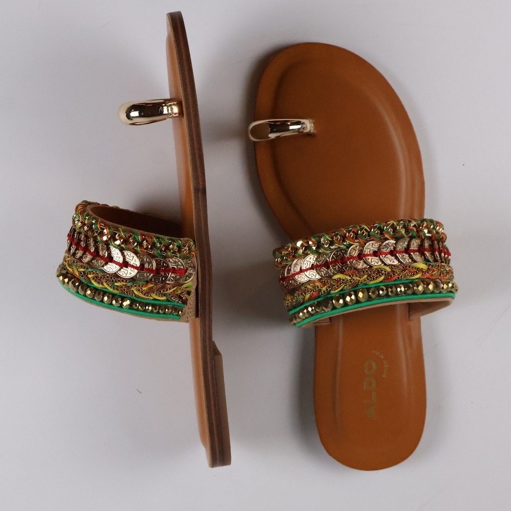 ALDO Sandals Beachwalk-960 Brown Multi-Color Embellished Coin Size 7.5 NEW
